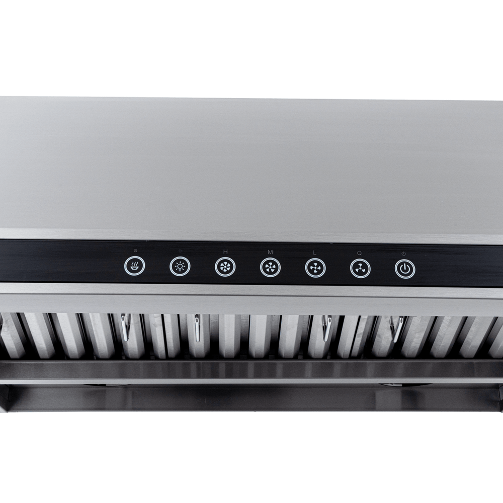 Close-up of Proline PLJW 101 stainless under-cabinet range hood with touch controls, low noise. ProlineRangeHoods.com.