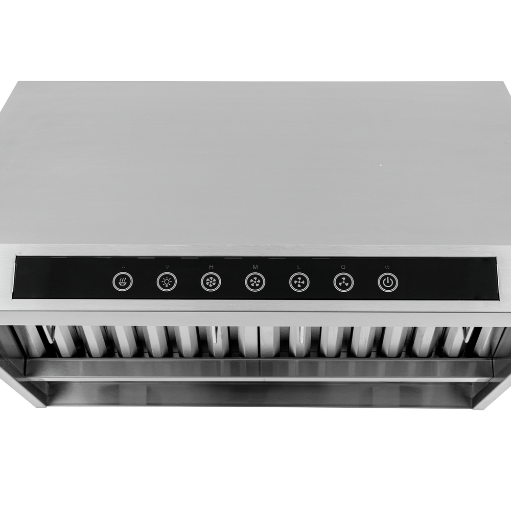 The Proline PLJW 102 Range Hood has stainless steel, 7-touch black panel, vented filters, 1000 CFM. ProlineRangeHoods.com.