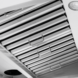 Close-up of Proline PLJW 102 range hood in stainless steel, 1000 CFM, ductless option. ProlineRangeHoods.com.
