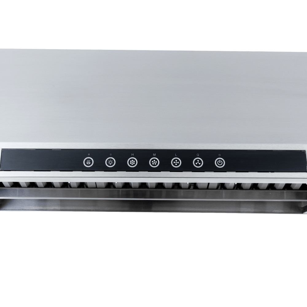 Proline PLJW 102 under cabinet hood with stainless steel, black touch panel, 1000 CFM, ductless option. ProlineRangeHoods.com.