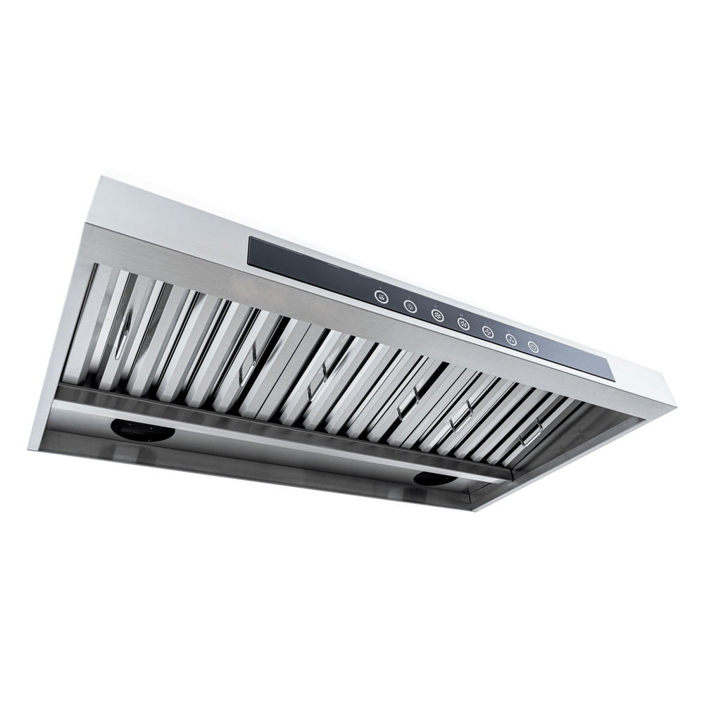 ProlineRangeHoods.com PLJW 102 hood: 1000 CFM, control panel, vent filters, stainless steel; convertible, seen from below.