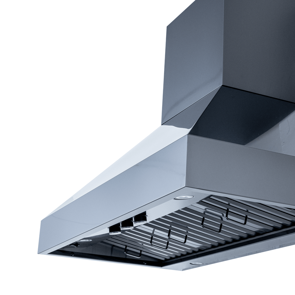 Close-up of Proline PLJW 104 wall-mounted range hood, stainless steel finish, 1200 CFM blowers. ProlineRangeHoods.com.