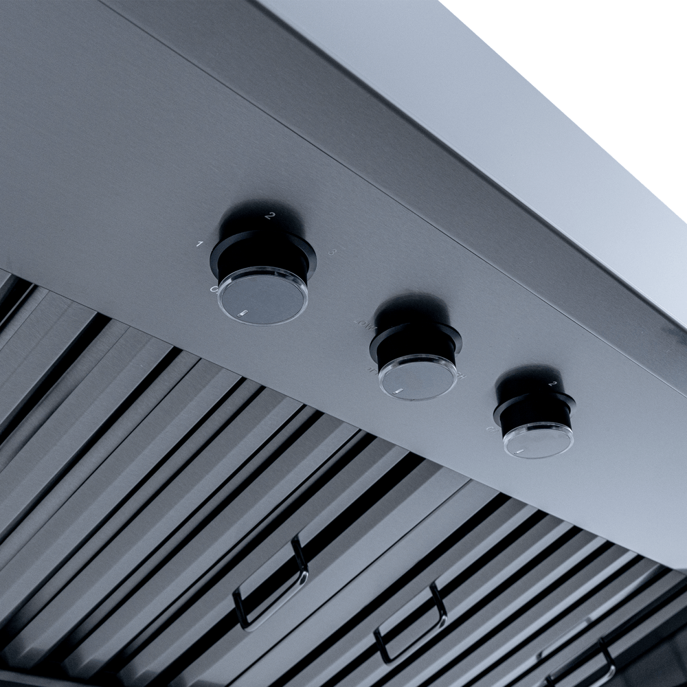 Close-up of three control knobs on Proline PLJW 104 Range Hood, stainless steel, outdoor finish. ProlineRangeHoods.com.