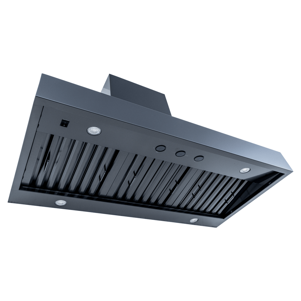 The Proline PLJW 104 wall range hood, stainless steel, 1200 CFM dual blowers. ProlineRangeHoods.com shown from below.