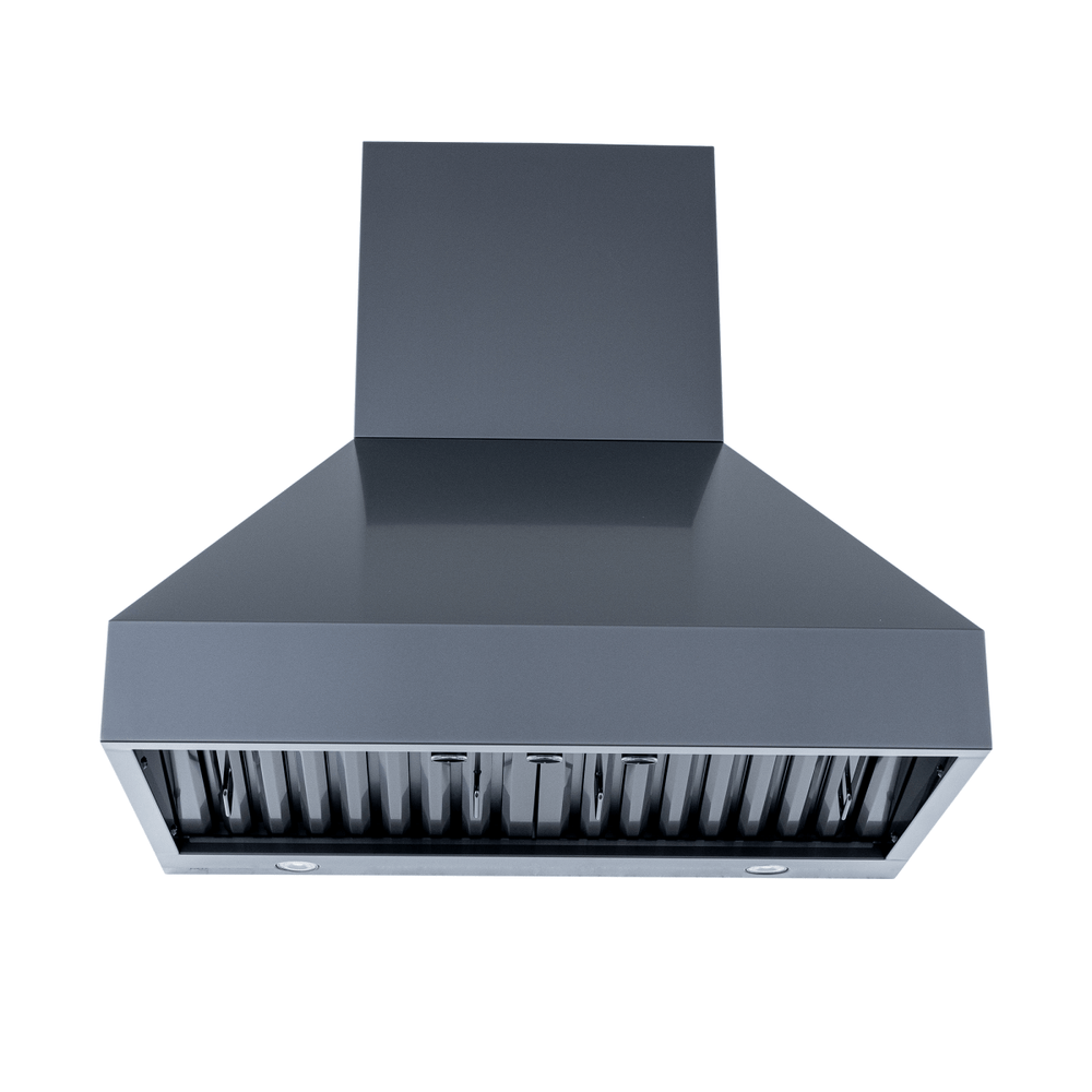 PLJW 104 wall-mounted stainless steel range hood, dual blowers, 1200 CFM, shown front on white. ProlineRangeHoods.com.