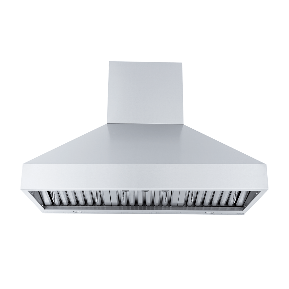 Front view of Proline PLJW 104 range hood with stainless steel finish, 1200 CFM blower, filters. ProlineRangeHoods.com.