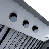 Close-up of three knobs on stainless steel Proline PLJW 104 range hood, 1200 CFM, at ProlineRangeHoods.com.