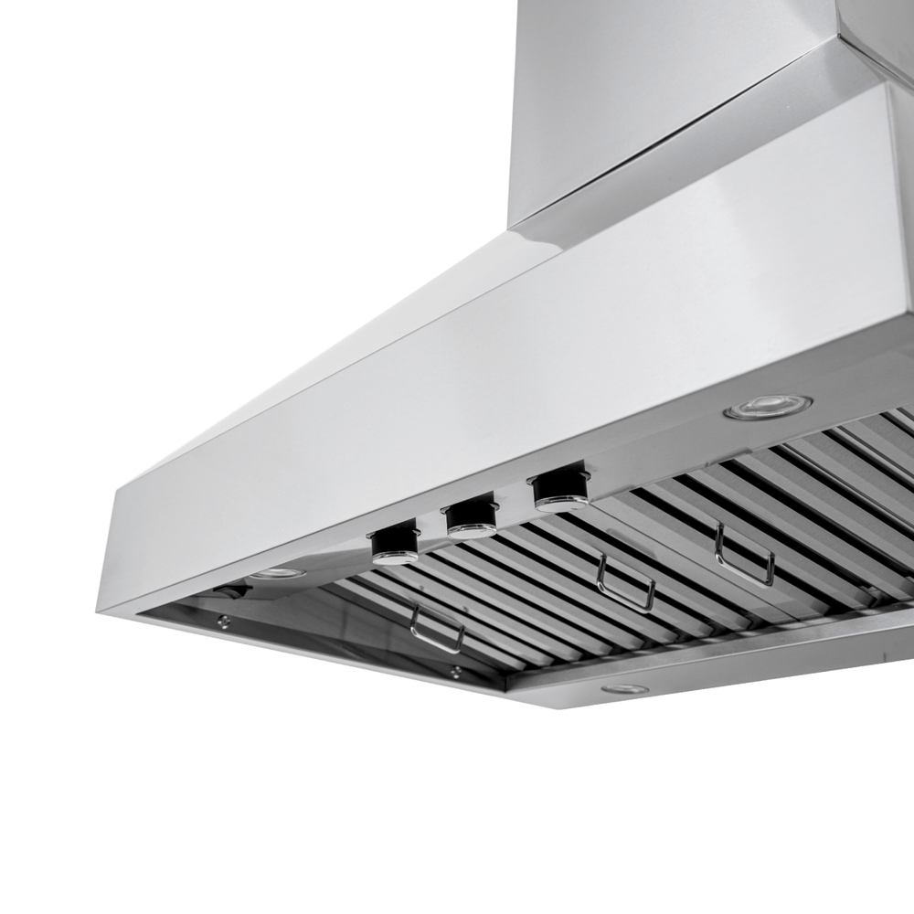 Proline PLJW 104 wall-mounted range hood with dual blowers, controls, filters; see ProlineRangeHoods.com for details.