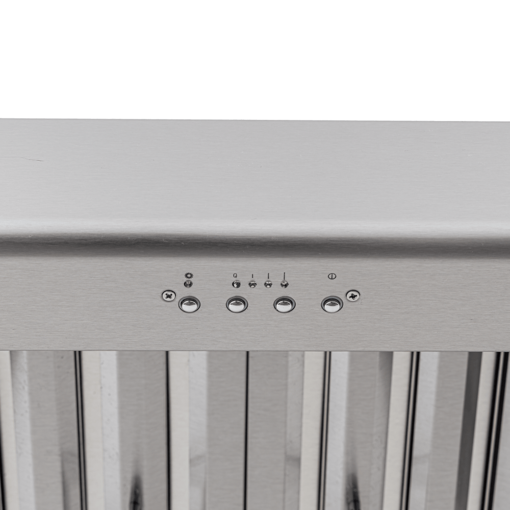 Proline PLJW 108 range hood control panel—four buttons, indicator symbols, 1000/2000 CFM—ProlineRangeHoods.com.