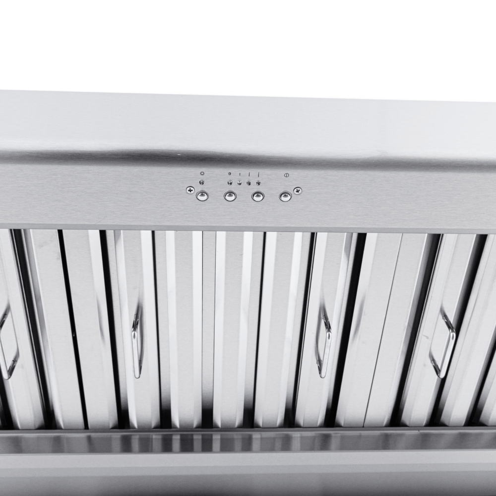The Proline PLJW 108 under cabinet range hood, 1000/2000 CFM, stainless steel; view from below. ProlineRangeHoods.com.