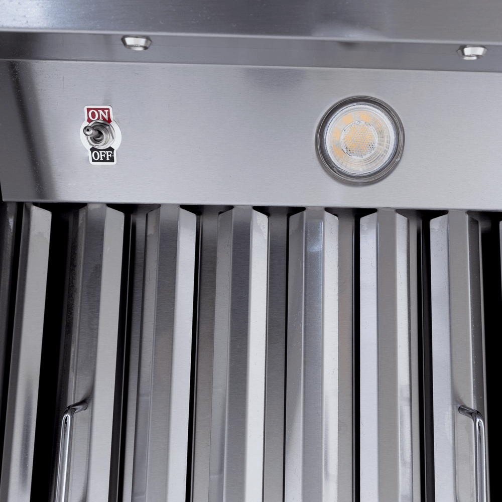 Close-up of Proline PLJW 109 wall-mounted stainless steel range hood, ON/OFF switch, from ProlineRangeHoods.com.