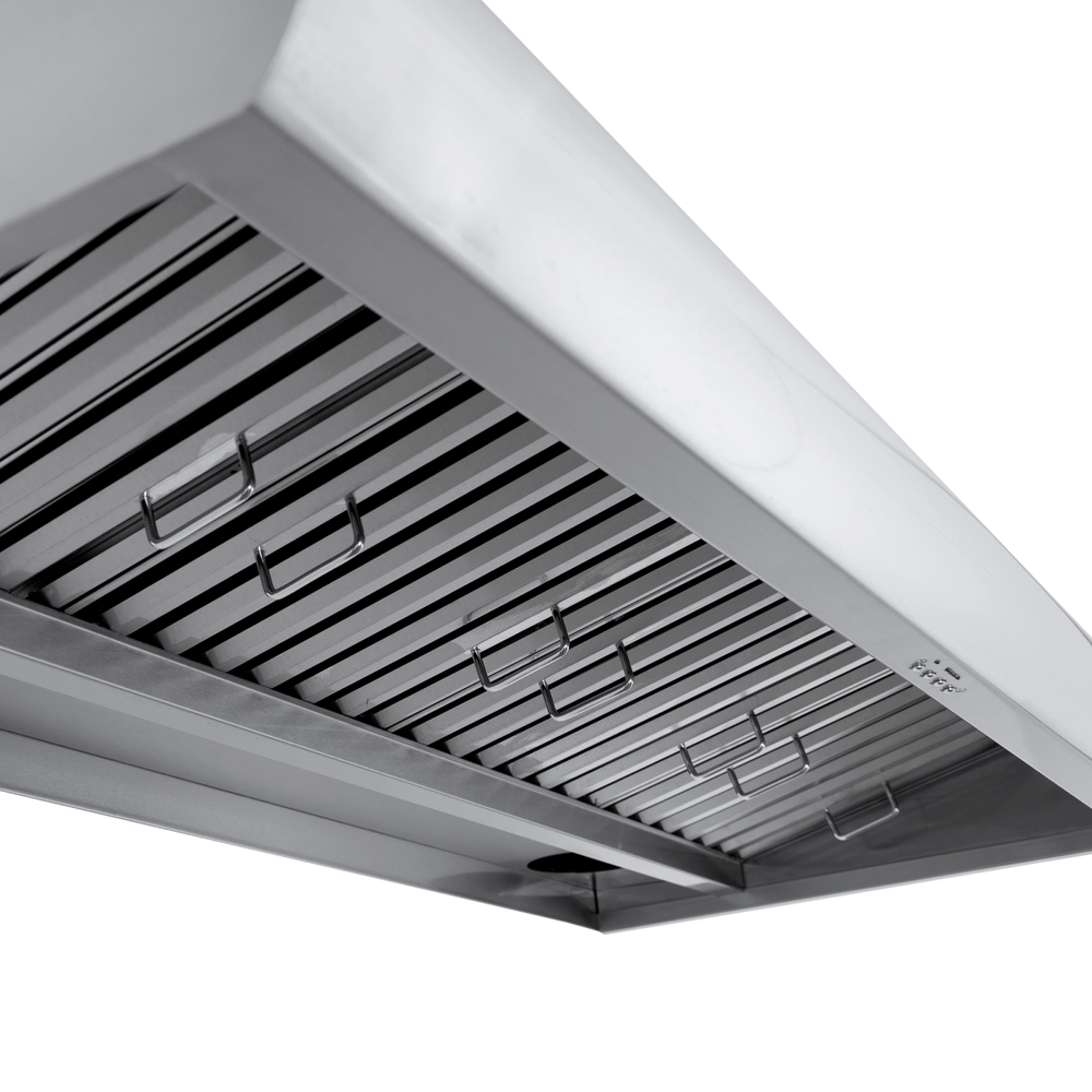 Close-up of Proline PLJW 109 stainless range hood with metal slats, 1000/2000 CFM, at ProlineRangeHoods.com.