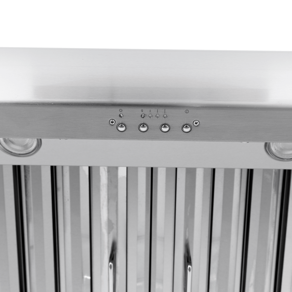 ProlineRangeHoods.com PLJW 109 wall range hood: stainless, push controls, vent slats, 1000/2000 CFM—ductless/outdoor.