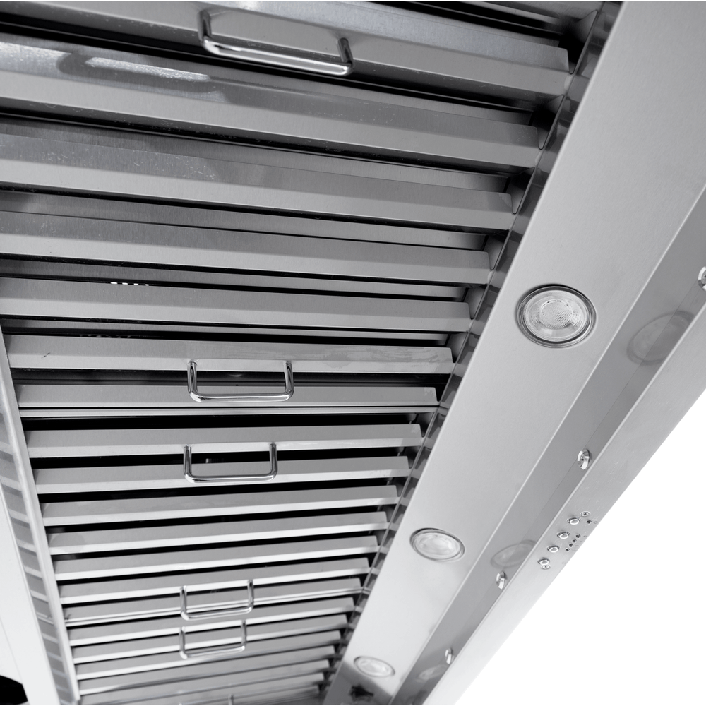 Close-up of Proline PLJW 109 stainless wall range hood, vent slats, built-in lights. ProlineRangeHoods.com.