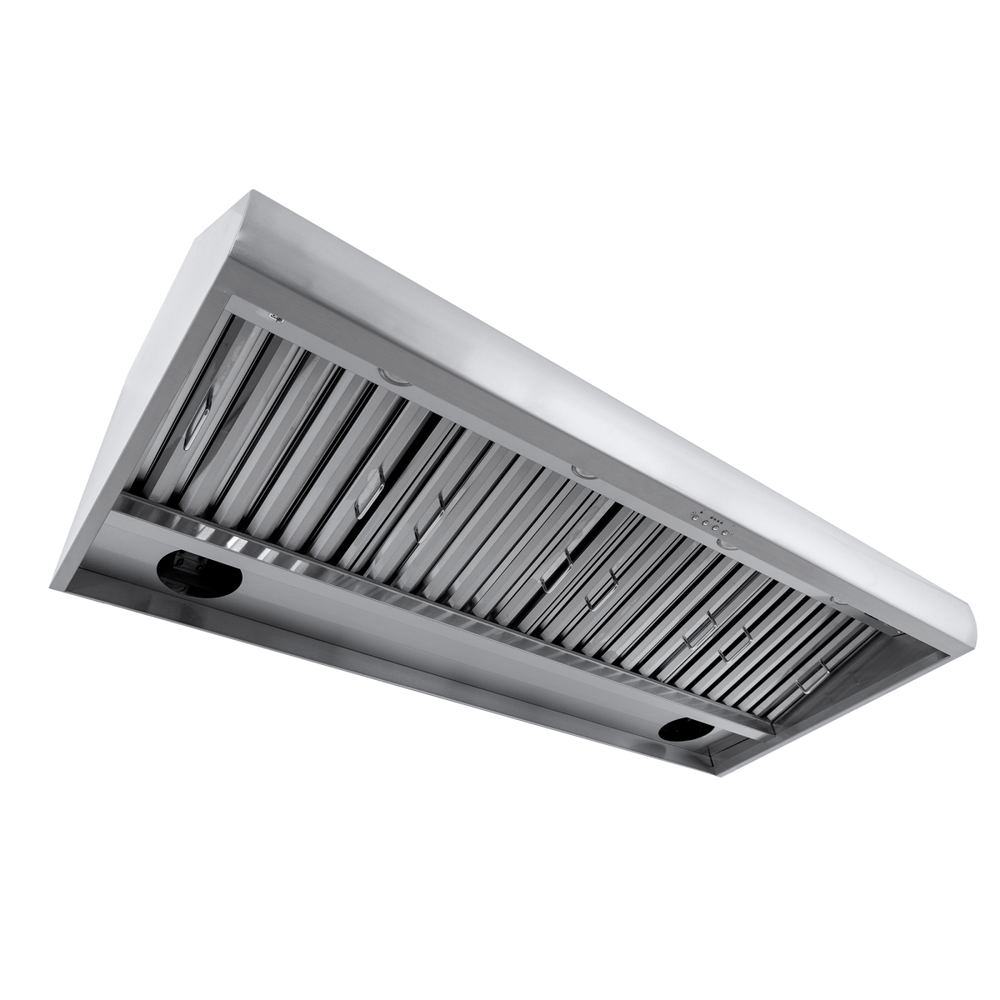 PLJW 109 stainless wall-mounted range hood, outdoor rated, 1000/2000 CFM, ProlineRangeHoods.com; shown from below.