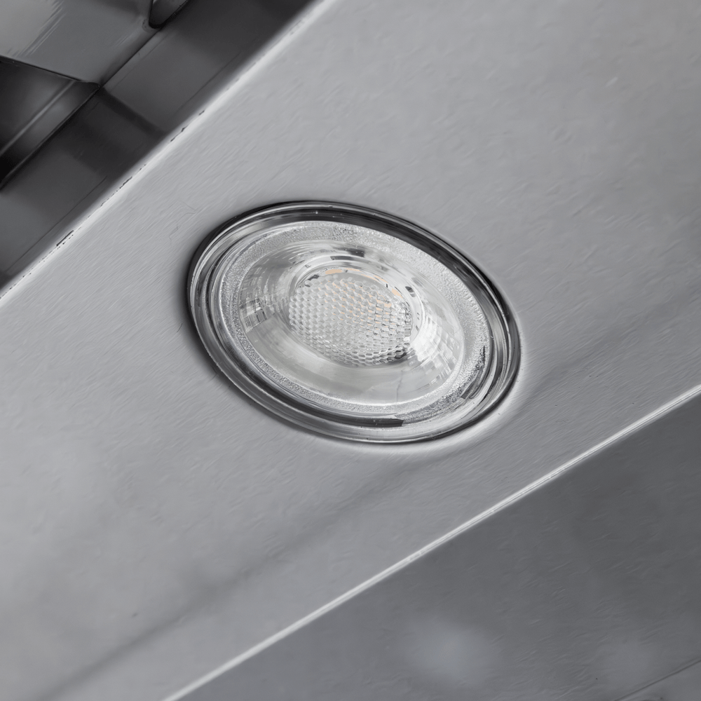 Close-up of LED light on Proline PLJW 109 Range Hood, stainless finish, 1000/2000 CFM, at ProlineRangeHoods.com.