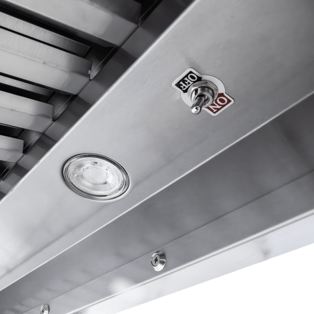 Close-up of Proline PLJW 109 wall-mounted range hood, switch panel and light. ProlineRangeHoods.com.