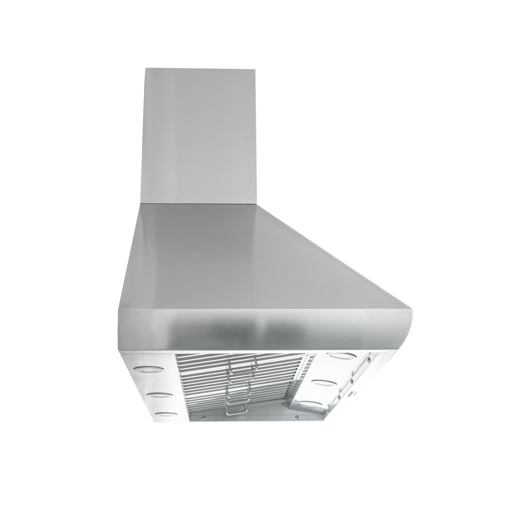Proline PLJW 109 WC stainless wall range hood, 1200 CFM, lights, outdoor rated. Shown from below. ProlineRangeHoods.com.