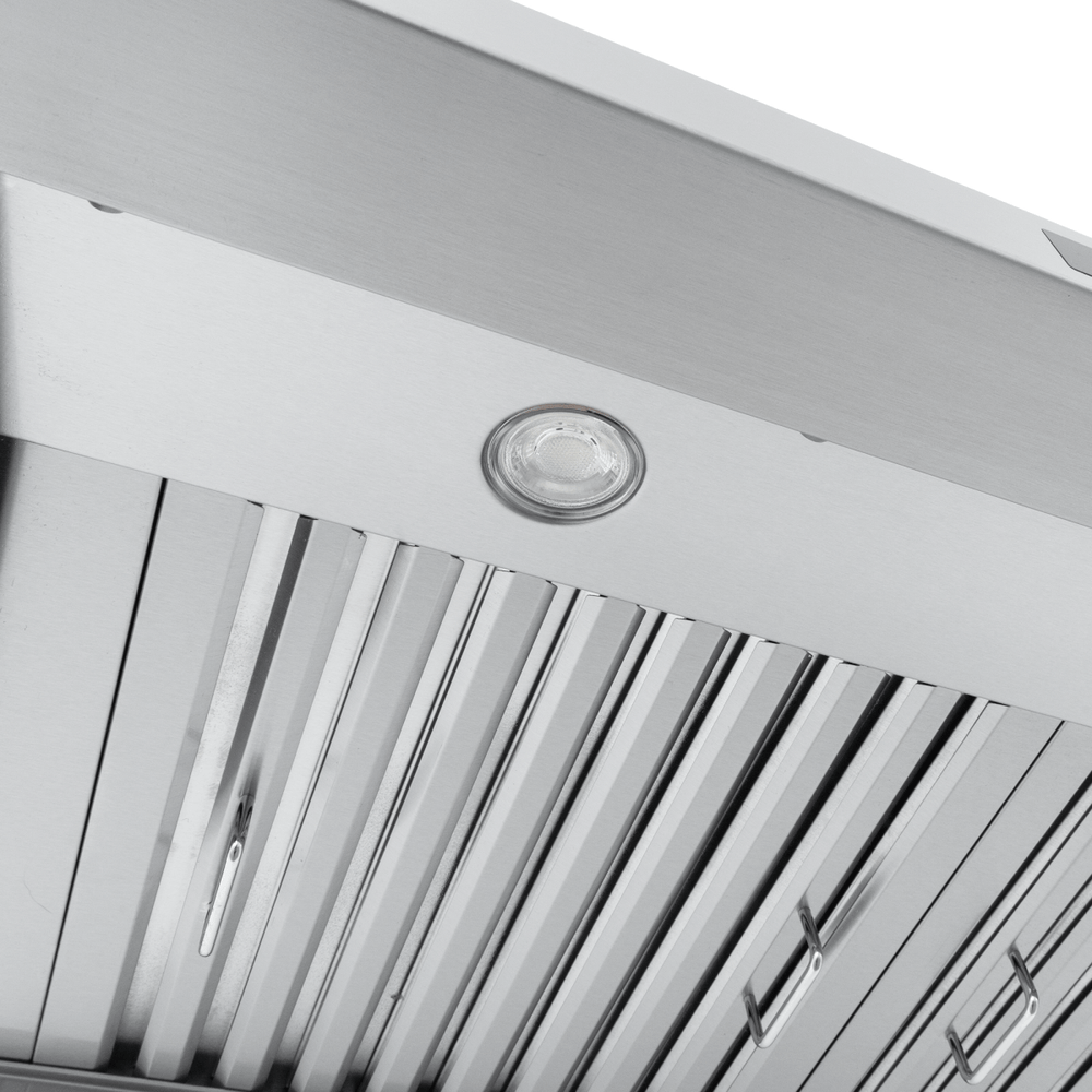 Close-up of Proline PLJW 113 stainless vent hood with controls, lights, metal filters, 900 CFM—ProlineRangeHoods.com.