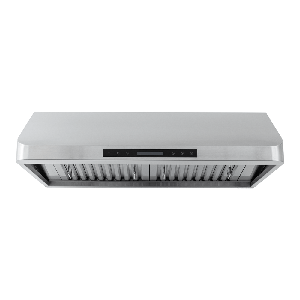 PLJW 113 under cabinet vent hood with modern control panel, 900 CFM in stainless steel. ProlineRangeHoods.com shown front view.