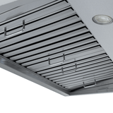 Close-up of Proline PLJW 113 vent hood with stainless steel, modern controls, metal filters, light. ProlineRangeHoods.com.