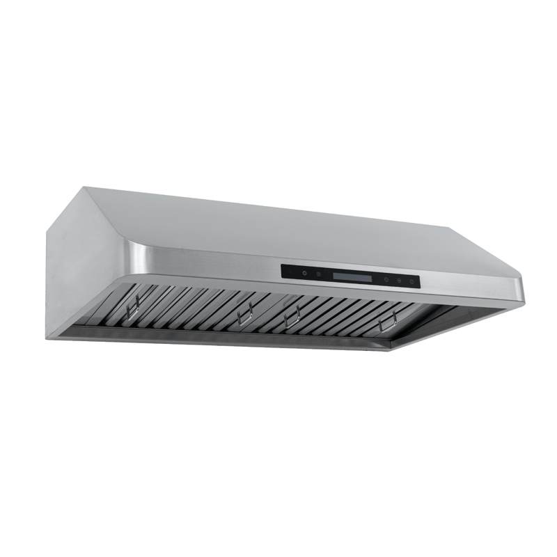 Proline PLJW 113 under cabinet vent hood, 900 CFM, stainless, modern panel, vent slats; ProlineRangeHoods.com.