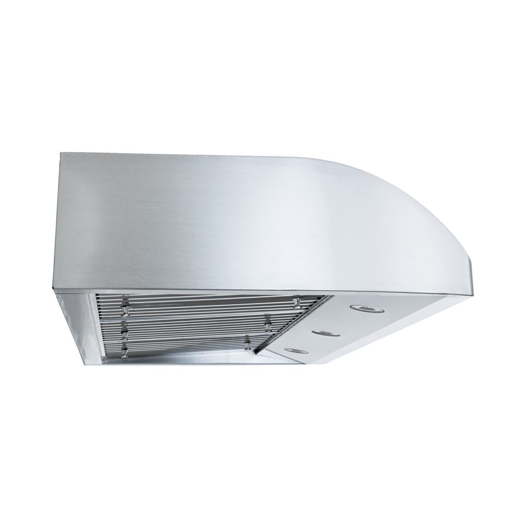 Proline PLJW 117 Range Hood, stainless steel, 900 CFM, baffle filters—shown below at angle. ProlineRangeHoods.com.