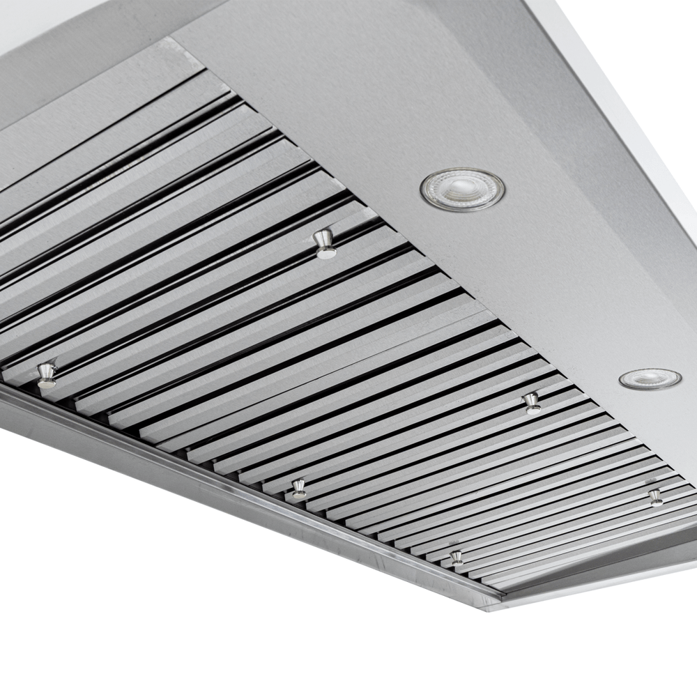 Close-up of Proline PLJW 117 under-cabinet range hood with lights, baffle filters, 900 CFM airflow. ProlineRangeHoods.com.