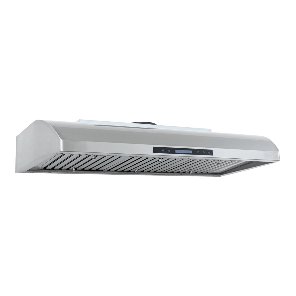 Proline PLJW 117 under-cabinet range hood, stainless steel, 900 CFM—angled view. ProlineRangeHoods.com.