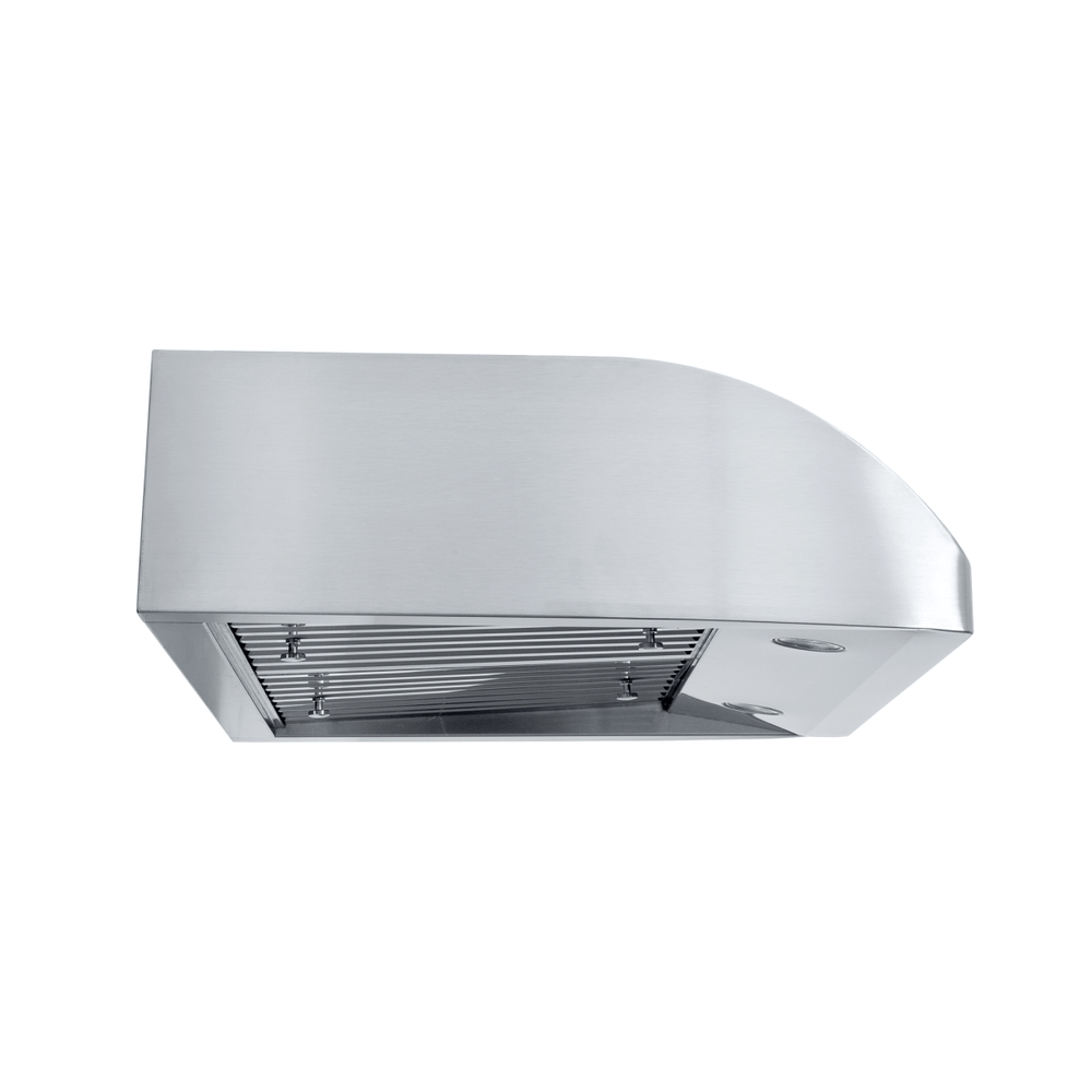 Proline PLJW 117 Range Hood in stainless steel, 900 CFM, baffle filters, shown from below. ProlineRangeHoods.com.