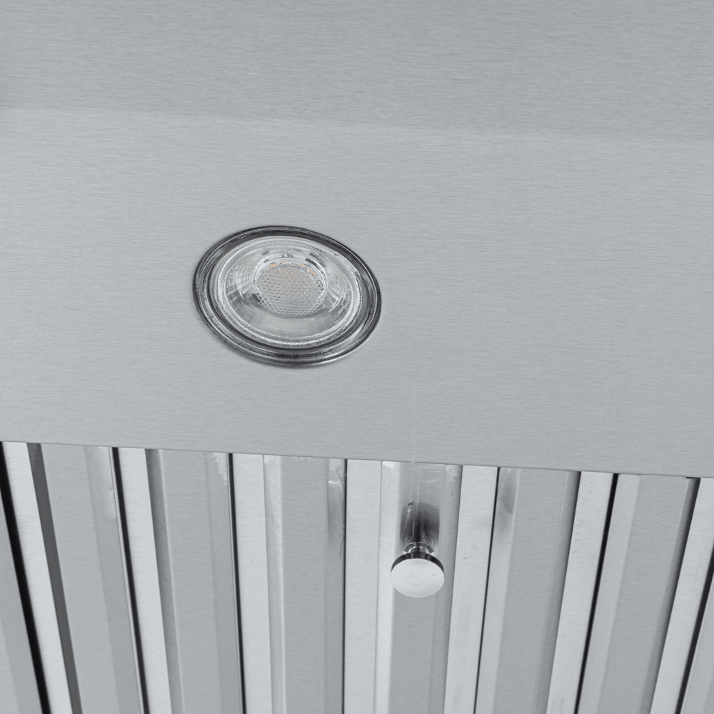 Close-up of Proline PLJW 117 Under-Cabinet Range Hood with light, vent slats, filters; ProlineRangeHoods.com.