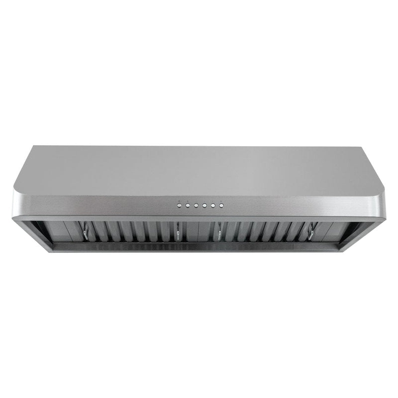 Proline PLJW 121 under-cabinet range hood, stainless steel finish, vent slats, buttons; 900 CFM. ProlineRangeHoods.com.
