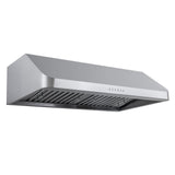Proline PLJW 121 Range Hood, 900 CFM, vent slats, controls; stainless steel. Ductless option. ProlineRangeHoods.com.