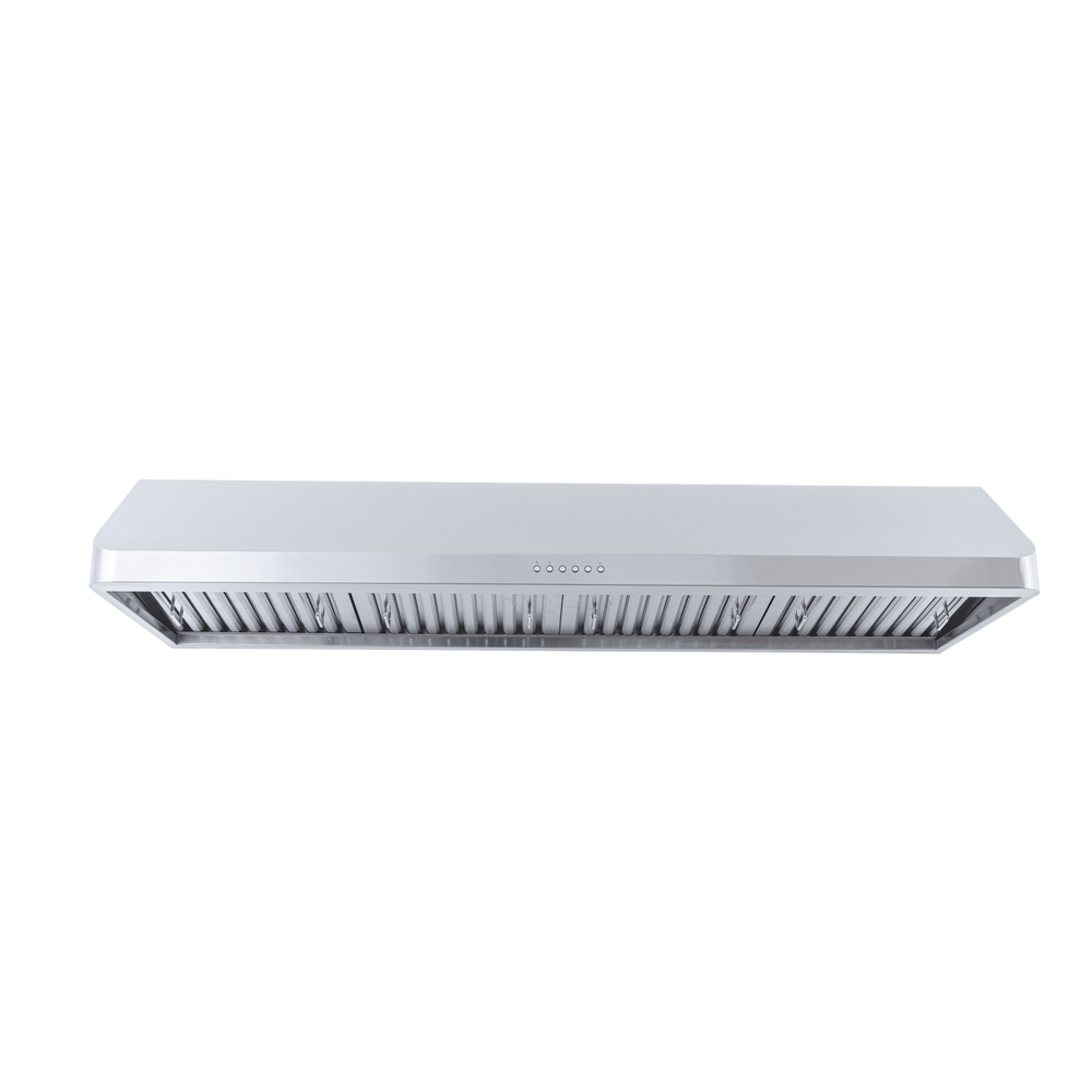 ProlineRangeHoods.com PLJW 121 under-cabinet range hood, stainless steel, front controls, 900 CFM, ductless option.