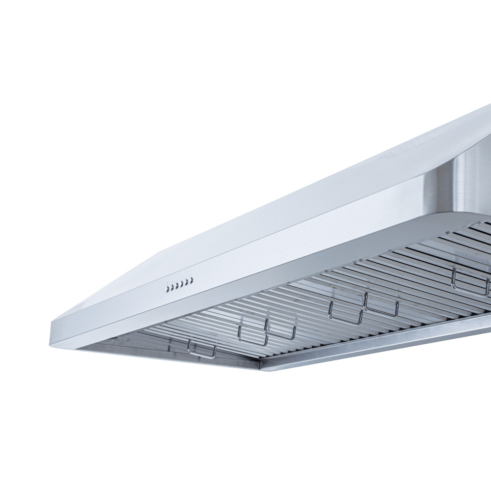 Close-up of Proline PLJW 121 under-cabinet range hood, stainless steel, 900 CFM. ProlineRangeHoods.com.