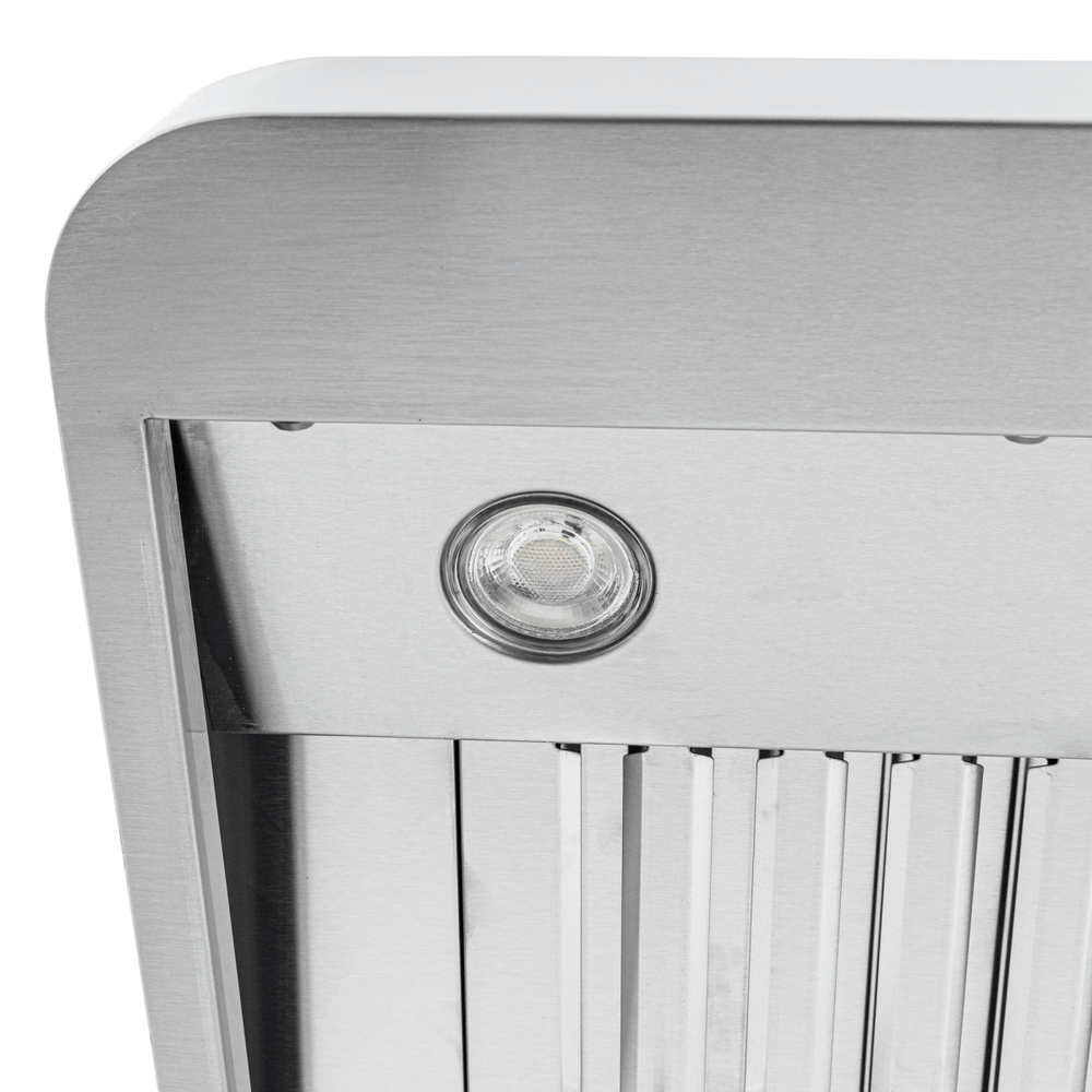 ProlineRangeHoods.com Proline PLJW 121 under-cabinet range hood; stainless, circular light, metallic slats, 900 CFM.
