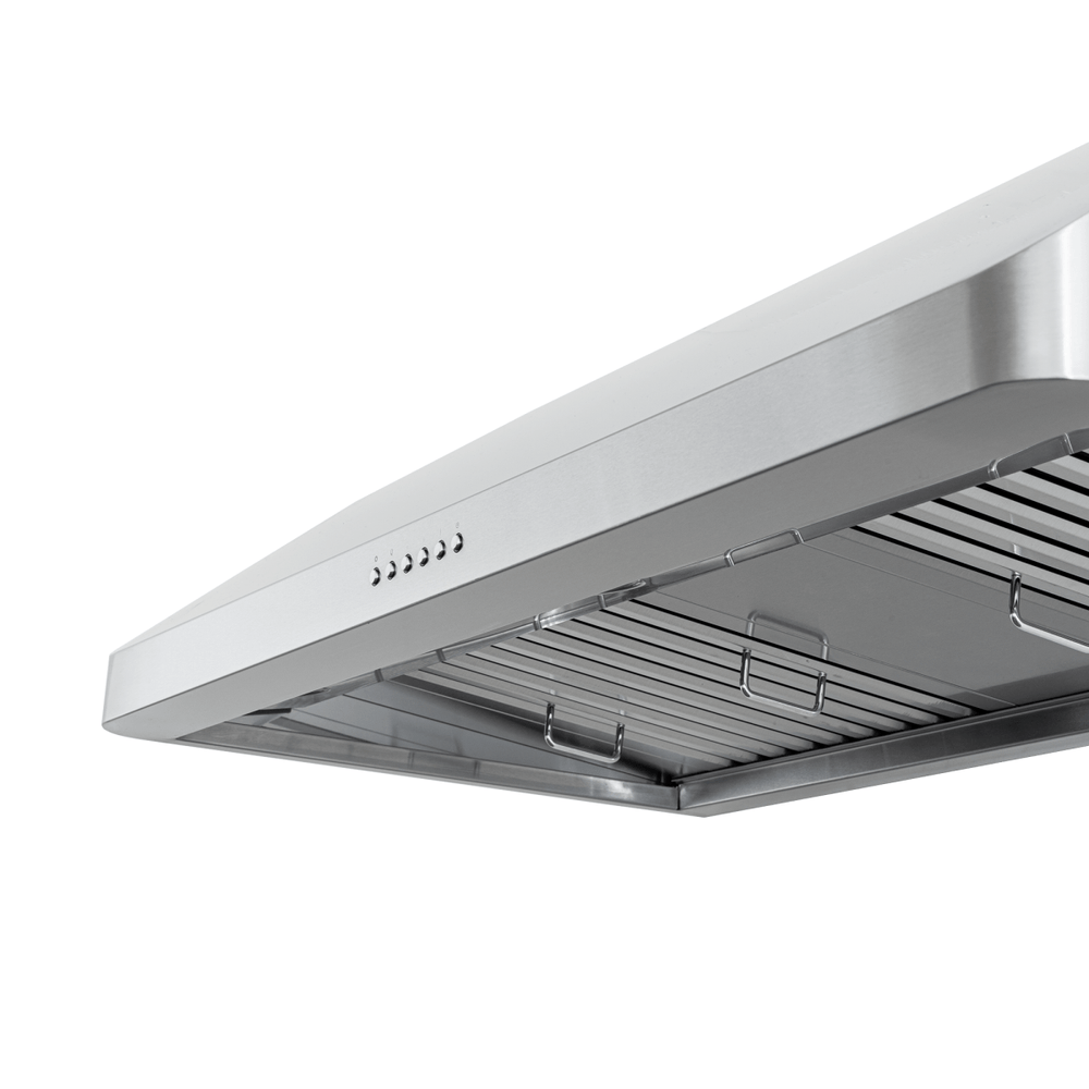 PLJW 121 under-cabinet range hood, stainless steel, 900 CFM, ductless option, buttons—angled view. ProlineRangeHoods.com.