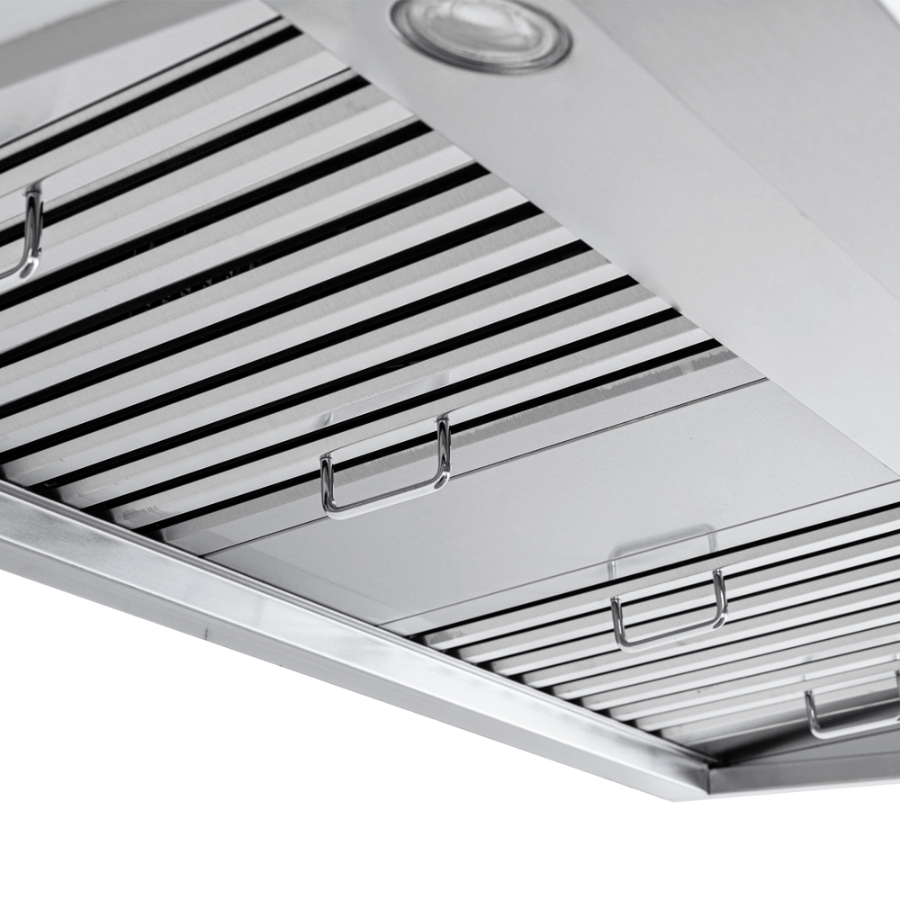 Close-up of PLJW 121 stainless steel range hood, ductless convertible, 900 CFM. ProlineRangeHoods.com.