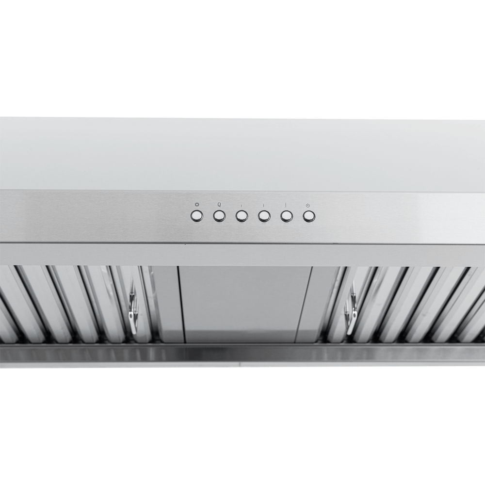 Proline PLJW 121 under-cabinet hood: stainless steel, 900 CFM, push buttons, ductless option. ProlineRangeHoods.com.