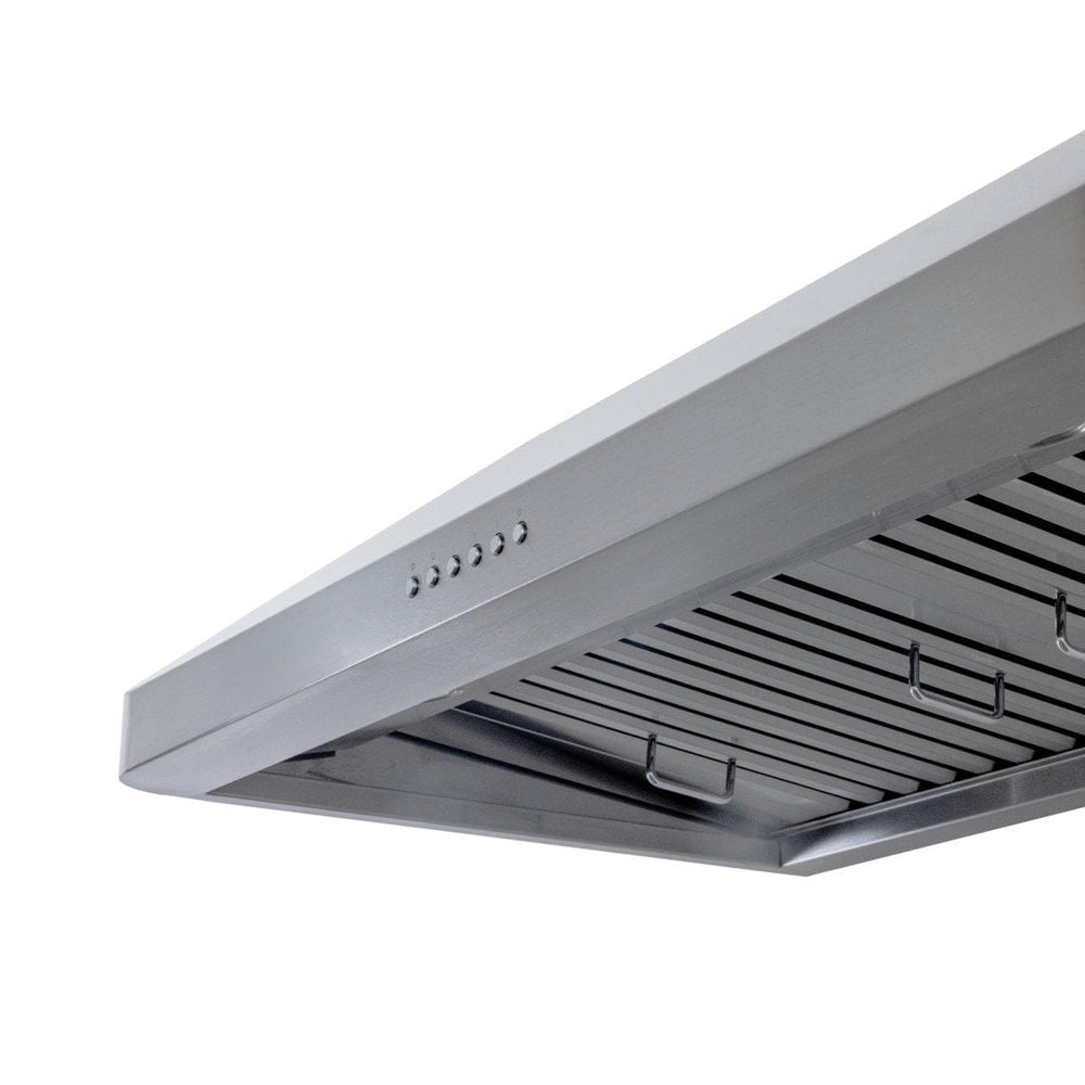 ProlineRangeHoods.com PLJW 121 under-cabinet range hood, 900 CFM, stainless finish, buttons, slatted vent; shown below.
