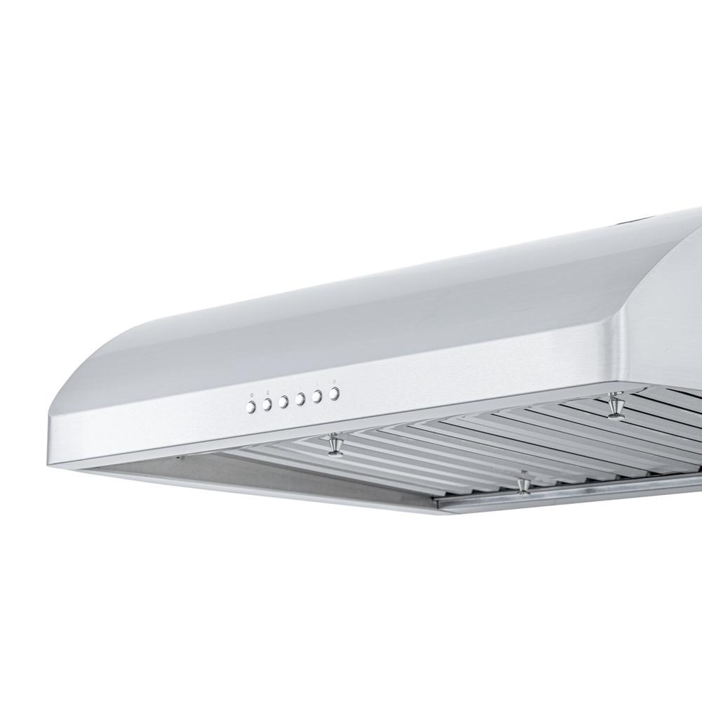 Proline PLJW 125 low-profile under-cabinet range hood, stainless steel, quiet 900 CFM. ProlineRangeHoods.com.
