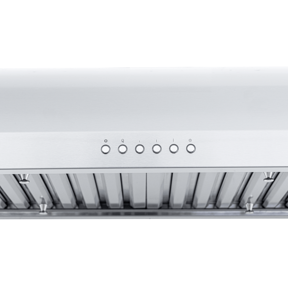 Close-up of Proline PLJW 125 range hood’s stainless control panel, six buttons, low noise, 900 CFM. ProlineRangeHoods.com.