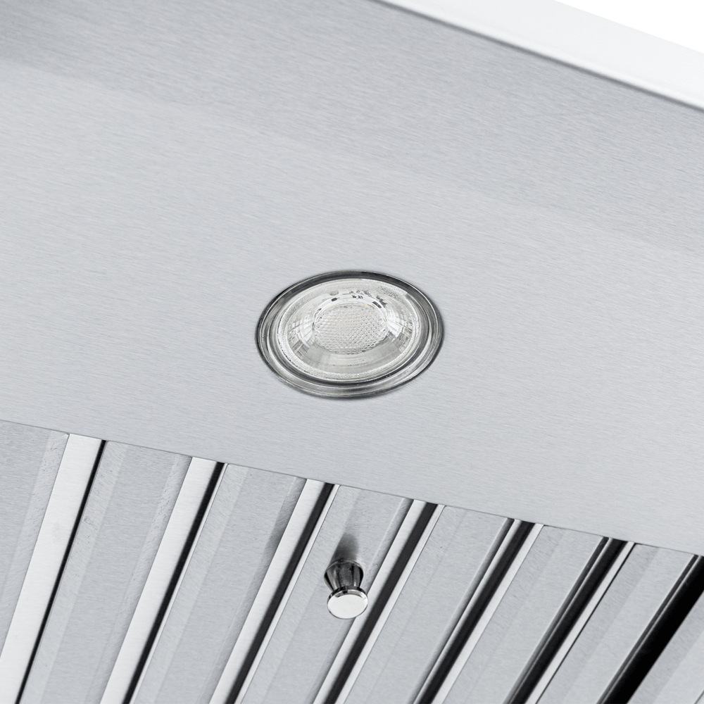 Close-up of light and vent slats on Proline PLJW 125 range hood, stainless steel, 900 CFM. ProlineRangeHoods.com.