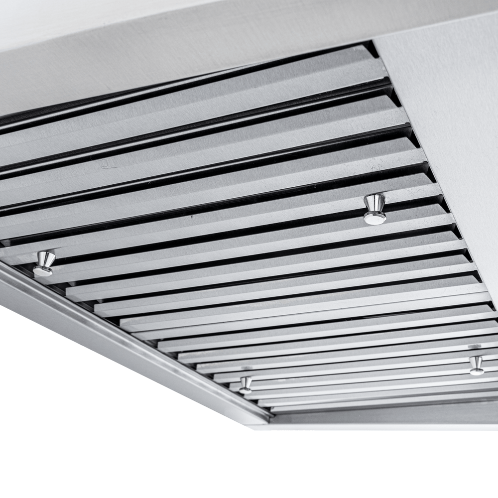 Close-up of Proline PLJW 125 stainless range hood filter with parallel slats and screws. ProlineRangeHoods.com.