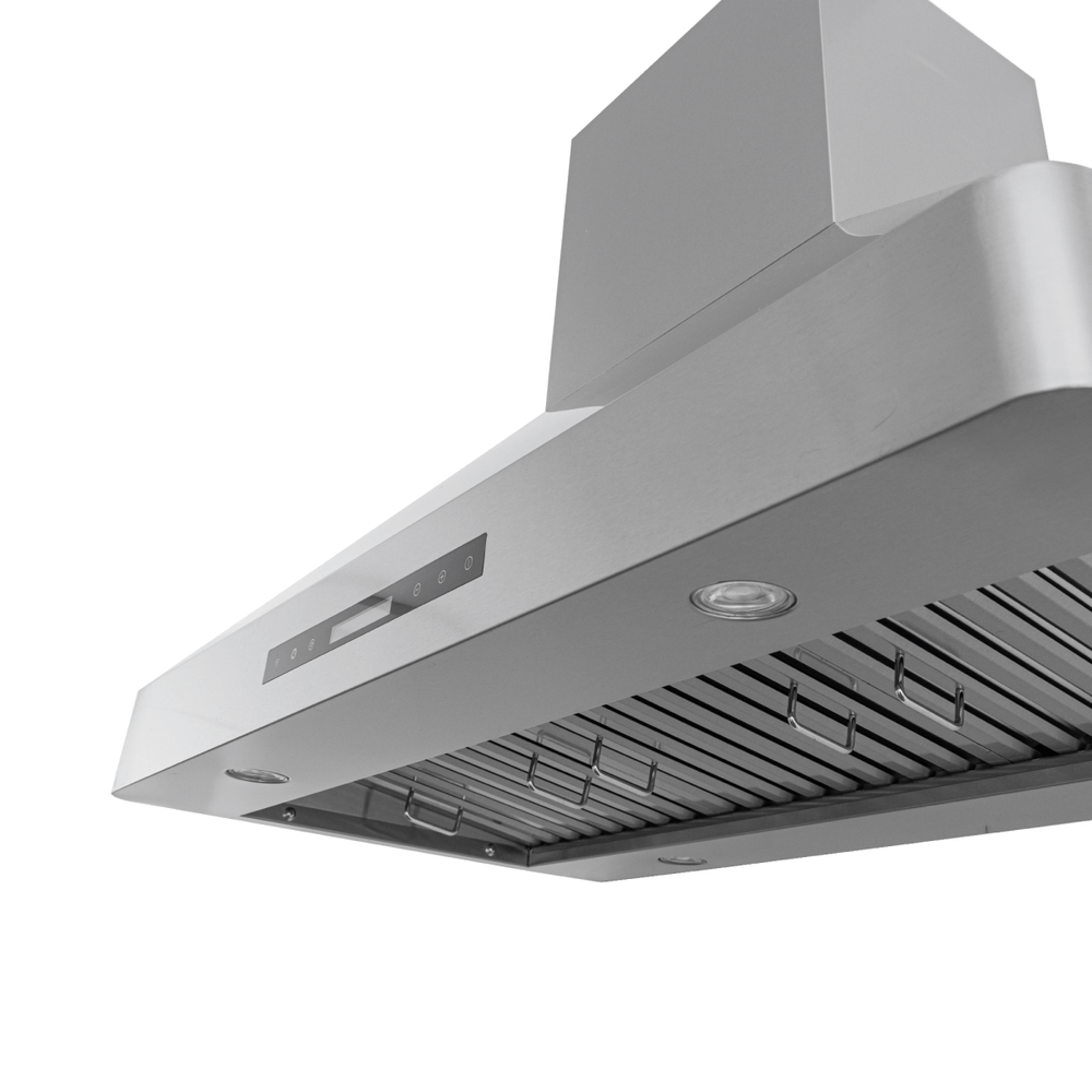 Proline PLJW 130 wall range hood: stainless, digital controls, built-in light, up to 1200 CFM. ProlineRangeHoods.com.
