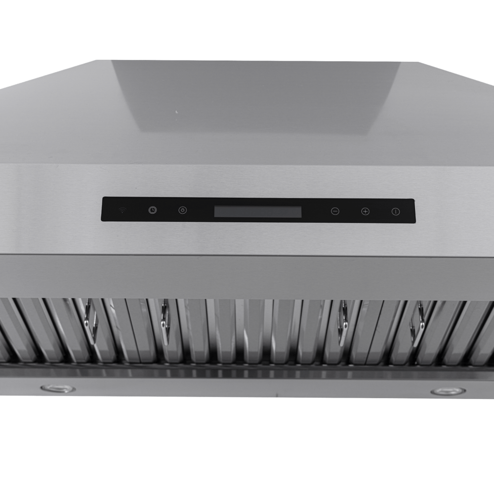 PLJW 130 ducted wall-mounted stainless steel range hood (900/1200 CFM) from ProlineRangeHoods.com with control panel and filters.