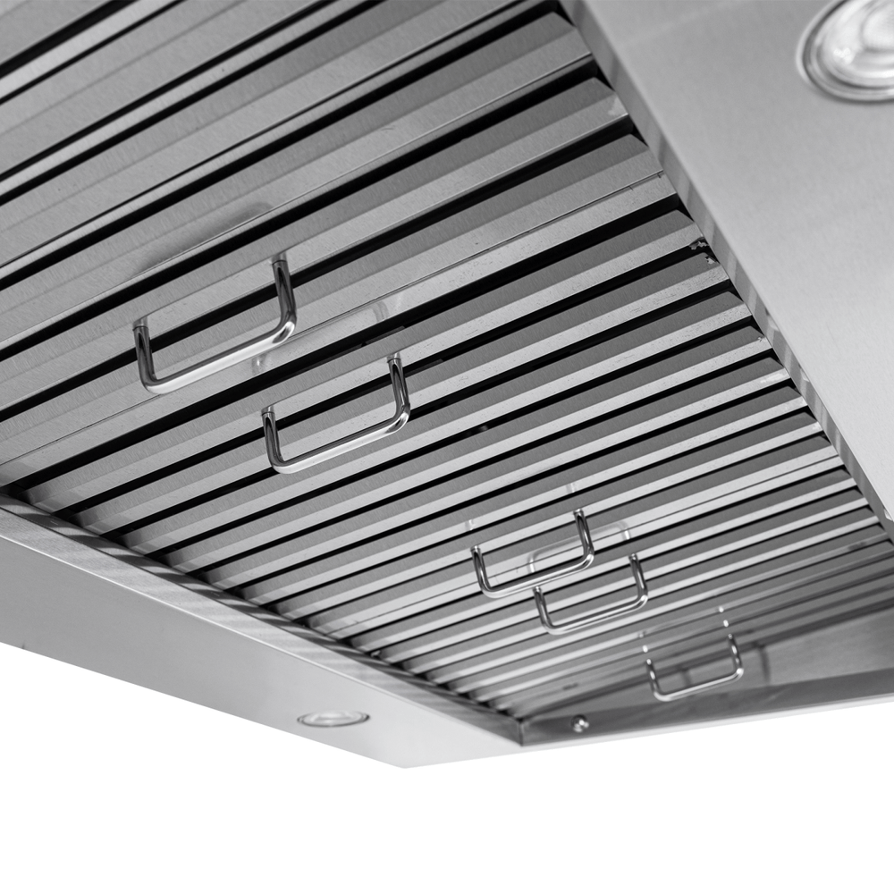 Close-up of Proline PLJW 130 stainless steel range hood with baffle filters, lights, 900/1200 CFM. ProlineRangeHoods.com.