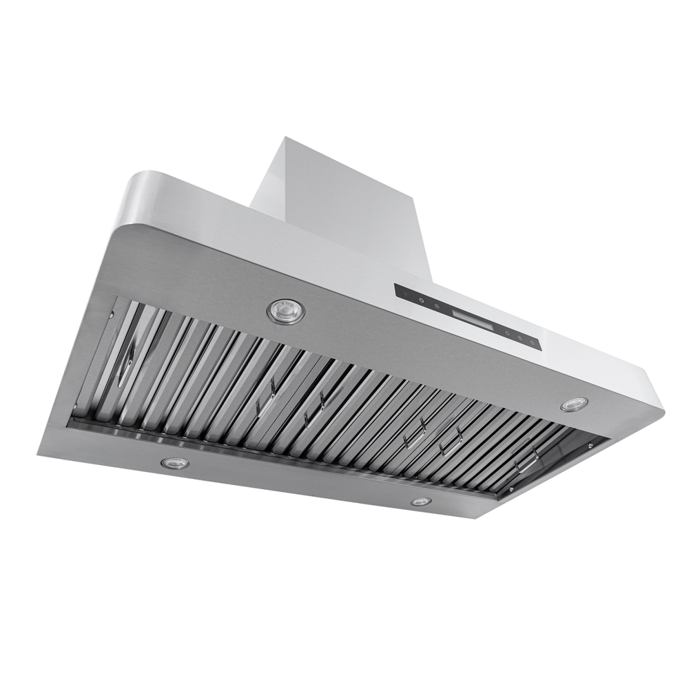 Proline PLJW 130 wall range hood has stainless finish, built-in lights, 900/1200 CFM airflow. ProlineRangeHoods.com.