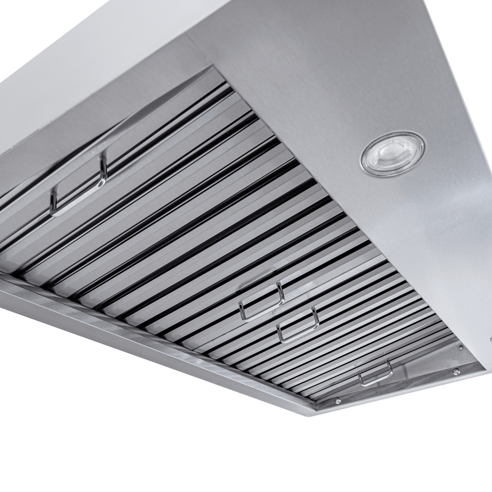 Close-up of PLJW 130 stainless wall range hood with vent slats, built-in light, 900/1200 CFM—ProlineRangeHoods.com.