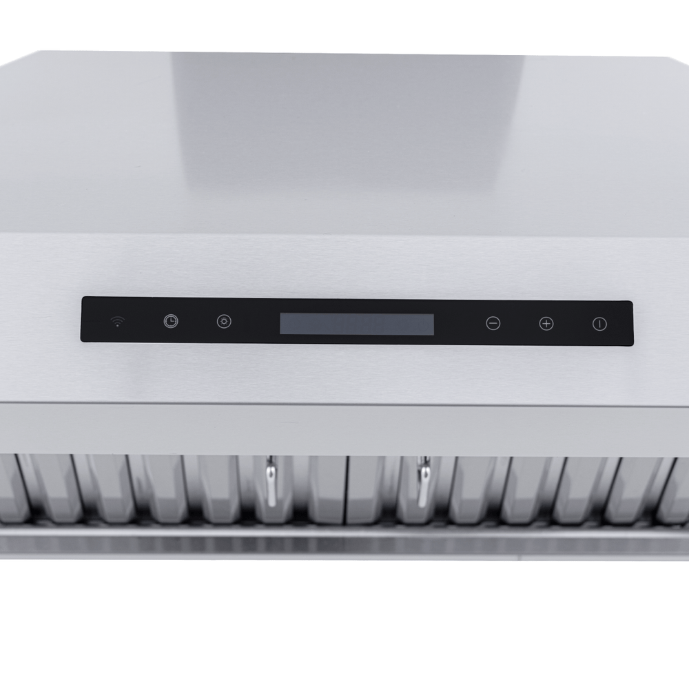 Proline PLJW 130 Range Hood: stainless steel, black panel, metal filters, 900/1200 CFM. ProlineRangeHoods.com.